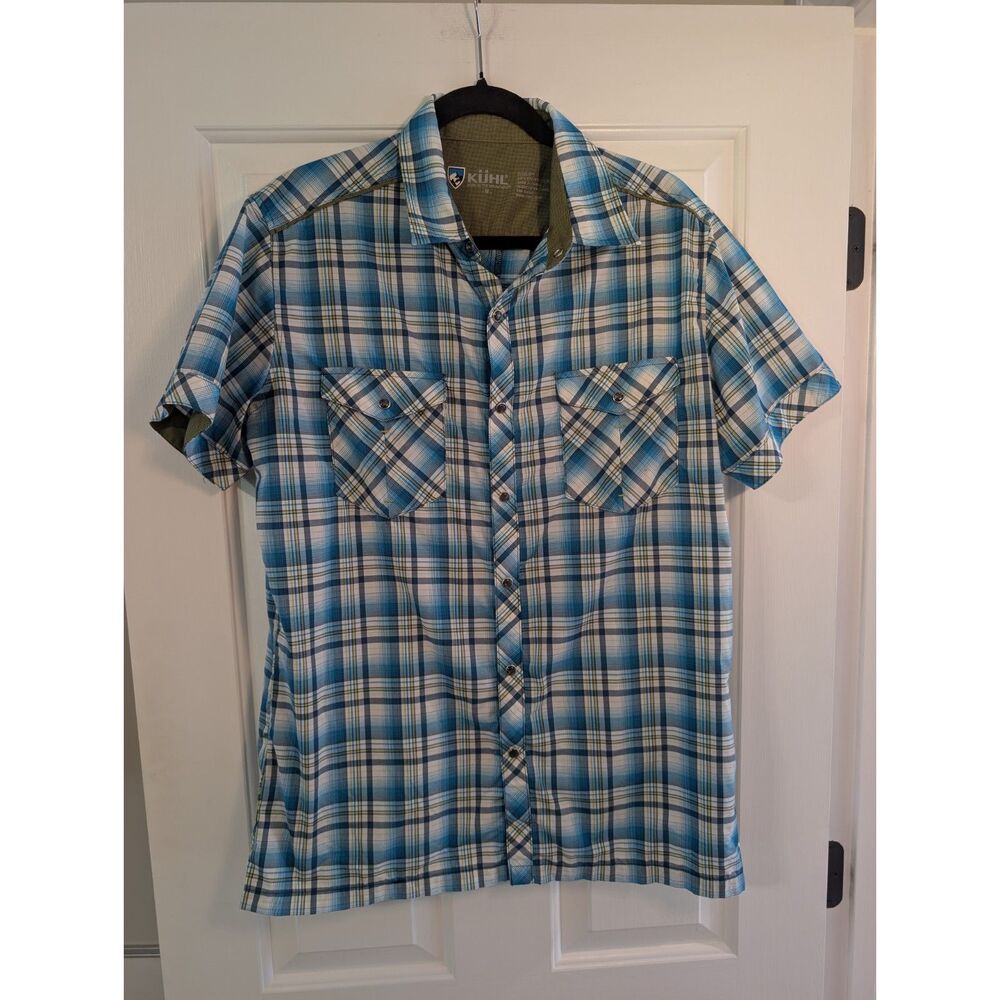 Kühl Eluxur Men's Medium Blue Green Plaid Short Sleeve Snap Button Shirt